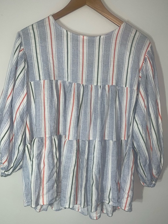 Ces Femme Tops - Ces Femme White Shirt with Blue, Green & Orange Stripes